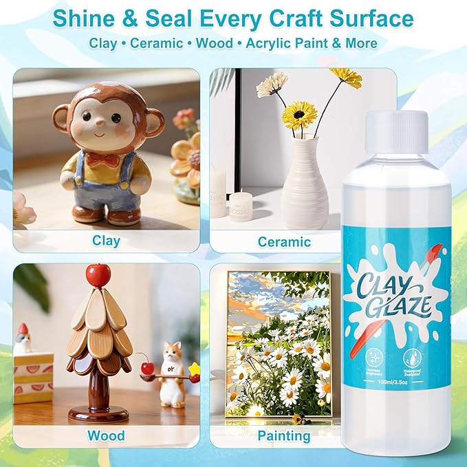 Lezmarket 200ml Air Dry Clay Glaze and 48 Pcs Clay Tools Kit, Provide Gloss Finish, Gloss Varnish Protects Clay from Surface Wear, Pottery Tools Can be Used for Sculpting, Molding Clay Crafts