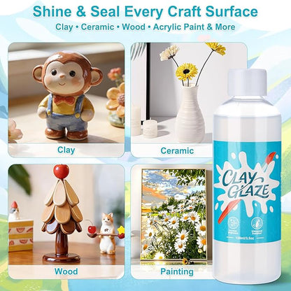 Lezmarket 200ml Air Dry Clay Glaze and 48 Pcs Clay Tools Kit, Provide Gloss Finish, Gloss Varnish Protects Clay from Surface Wear, Pottery Tools Can be Used for Sculpting, Molding Clay Crafts