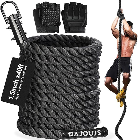 Climbing Rope Gym Workout - 1.5 Inch Dia 10FT 15FT 20FT 25FT 30FT 35FT 40FT 50FT Heavy Duty Work Out Rope Exercise Climbing Ropes for Adults Kids Fitness & Strength Training Outdoor & Indoor - Black