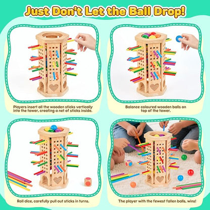 Montessori Wooden Board Game, 42-Stick Dice Game, Math Puzzle Toy for Kids 3 4 5 6 Years Old, Develops Fine Motor Skills and Counting, Perfect for Family Nights, Gift for Boys and Girls
