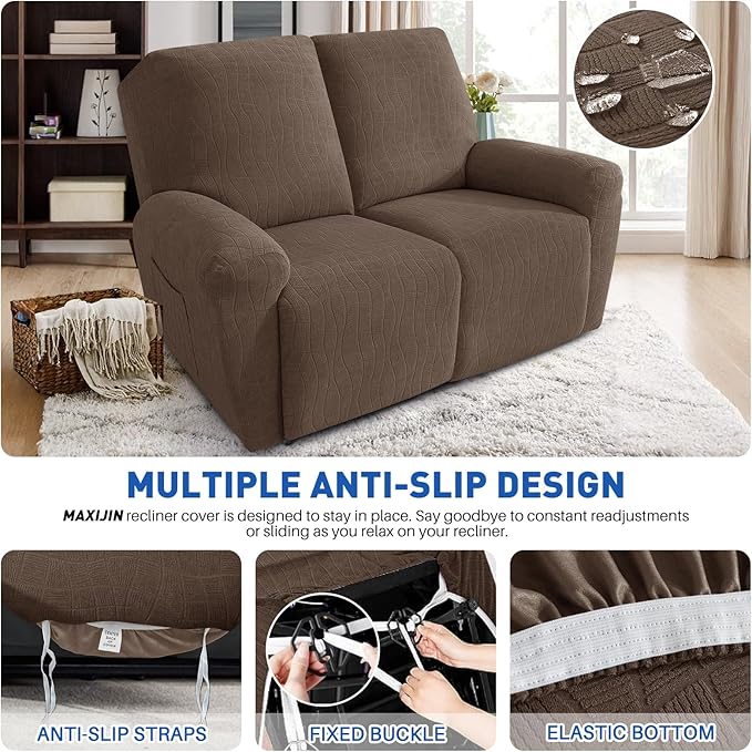 MAXIJIN Waterproof Loveseat Recliner Cover 4 Pieces Reclining Love Seat Slipcvers, Recliner Sofa Cover 2 Seater with Elastic Straps & Pockets for Pet, Kids (Loveseat Recliner, Light Coffee)