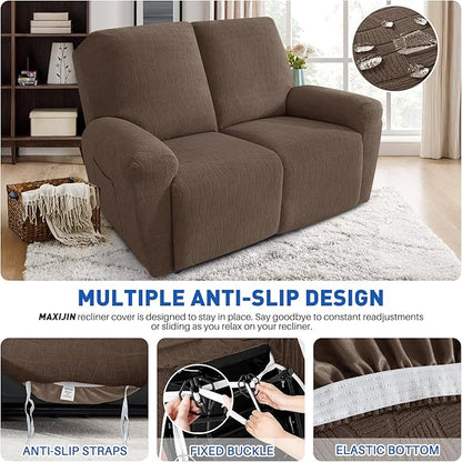 MAXIJIN Waterproof Loveseat Recliner Cover 4 Pieces Reclining Love Seat Slipcvers, Recliner Sofa Cover 2 Seater with Elastic Straps & Pockets for Pet, Kids (Loveseat Recliner, Light Coffee)