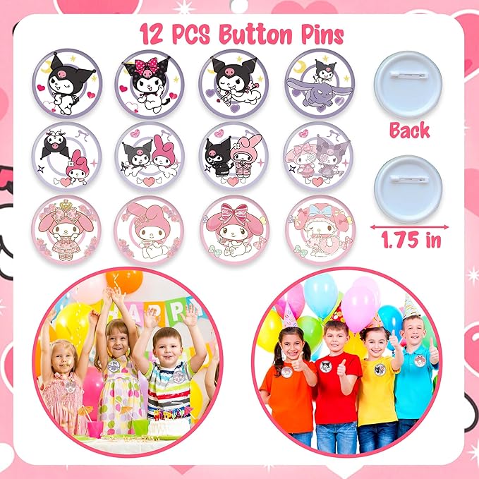 Kawaii Birthday Party Decorations, Kawaii Birthday Party Supplies Include 12 Key Chains, 12 Bracelets, 12 Button Pins, 50 Stickers, Kawaii Party Favors for Girls