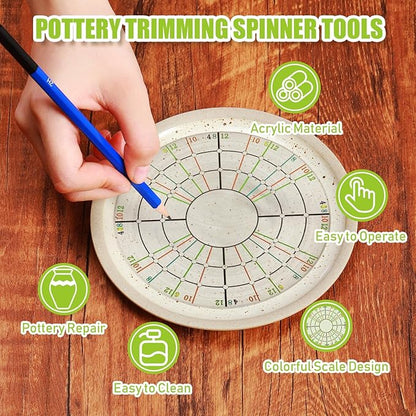 Wonderjune 5 Pcs Ceramic Pottery Trimming Spinner Tools Set 4.72 in/3.54 in Rotary Disc Pottery Wheel Trimmer Tool Clay Tools with 3 Size Metal Pottery Throwing Wheel for Pottery Clay Artist