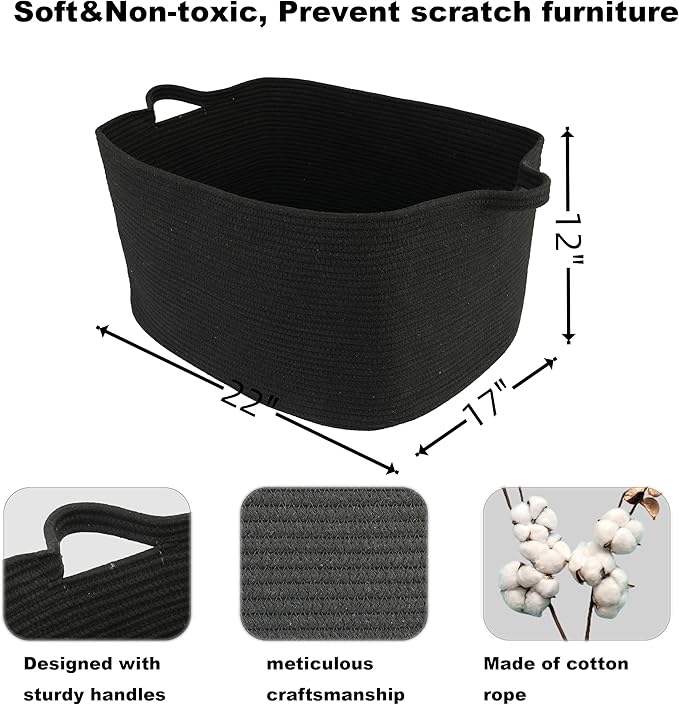 XUANGUO Large Rectangle Blankets Basket Living Room 22"x17"x12" Woven Cotton Rope Storage Baskets for Nursery Toy Baskets for Kids and Dogs Wicker Laundry Basket Bin for Clothes Towels black