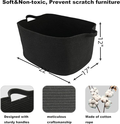 XUANGUO Large Rectangle Blankets Basket Living Room 22"x17"x12" Woven Cotton Rope Storage Baskets for Nursery Toy Baskets for Kids and Dogs Wicker Laundry Basket Bin for Clothes Towels black