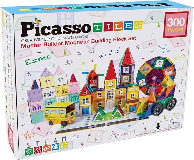 PicassoTiles Master Builder Magnetic Early Educational Toy Building Block Kit with 3 in 1 Playboard for Kid,Baby Ages 3 and Up, STEM Construction with School, Bus, Hospital, Police Station, 300 Piece