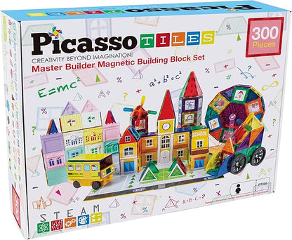 PicassoTiles Master Builder Magnetic Early Educational Toy Building Block Kit with 3 in 1 Playboard for Kid,Baby Ages 3 and Up, STEM Construction with School, Bus, Hospital, Police Station, 300 Piece