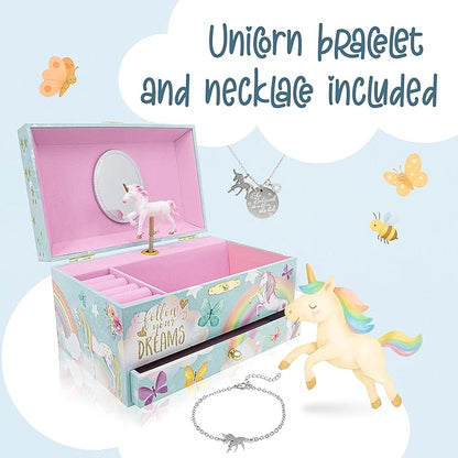 The Memory Building Co Unicorn Musical Jewelry Box Plays Classic Melody, Storage Organizer Music Box for Kids Ages 6-12, MDF Wood w/ 2 Fabric Lined Ring Bracelet Necklace Treasure Compartments