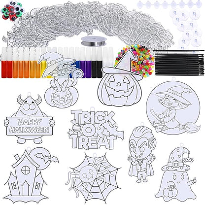 27 Sets Halloween Suncatcher Ornaments Decoration DIY Window Paint Art Craft Kit Jack-O'-Lantern Ghost Vampire Witch Spider Sun Catchers for Halloween Classroom Party Art Activity Trick or Treat Gift