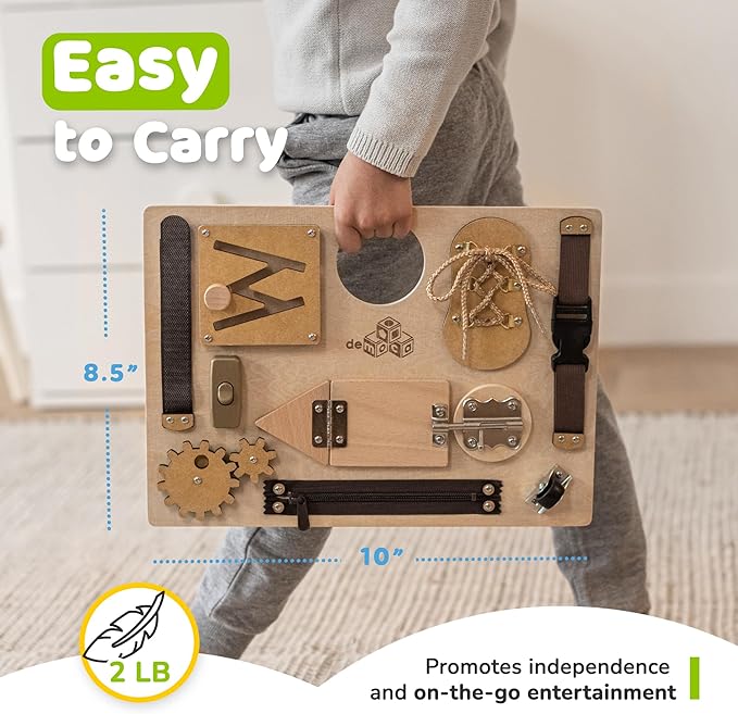 Busy Board Montessori Toys for Toddlers, Sensory Wooden Toy with 10 Preschool Learning Activities for Fine Motor Skills, Educational Plane and Car Travel Toy for Toddlers Boys and Girls
