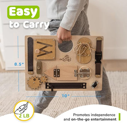 Busy Board Montessori Toys for Toddlers, Sensory Wooden Toy with 10 Preschool Learning Activities for Fine Motor Skills, Educational Plane and Car Travel Toy for Toddlers Boys and Girls