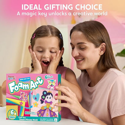 Klever Kits Foam Art Kit for Kids, EVA Foam Stickers with 6 Art Board and 800+ Stickers, DIY Arts and Crafts for Boys Girls Age 3+, Unicorns & Princesses Birthday Gifts Travel Toy