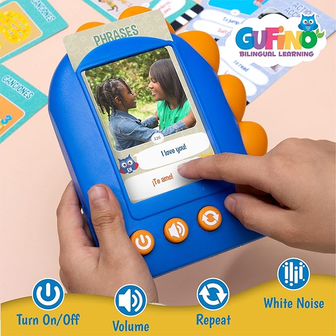 GUFINO Talking Flash Cards – 300 Spanish Flashcards for Kids for Cognitive Abilities & Boost Language Development – Learning Games, Blue Toddler Boy Gifts. See and Say Toys for Toddlers