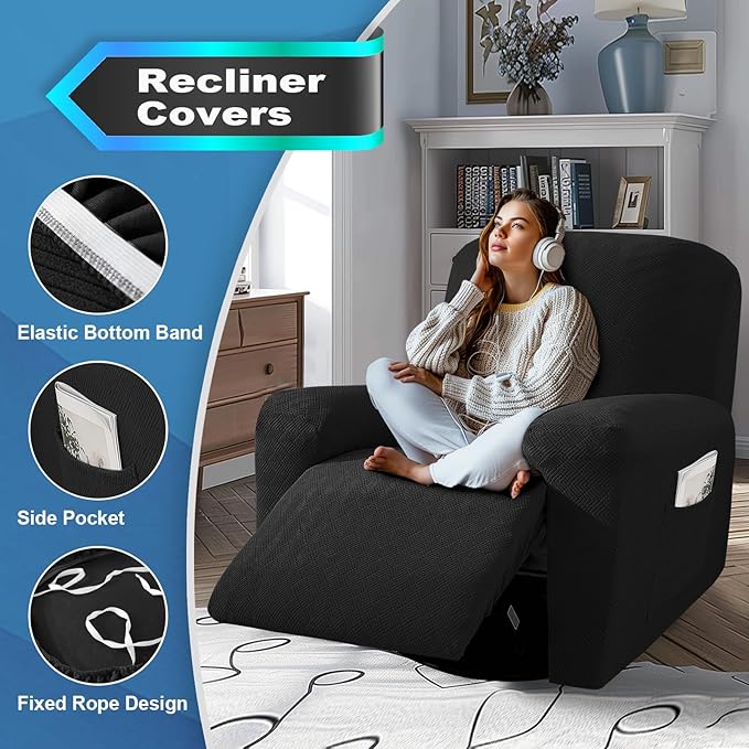 JIVINER 3 Piece Recliner Chair Cover Stretch Lazy Boy Non Slip Covers for Recliner with Pockets Soft Jacquard Reclining Sofa Slipcovers Furniture Protector with Elastic Bottom (1 Seater, Black)