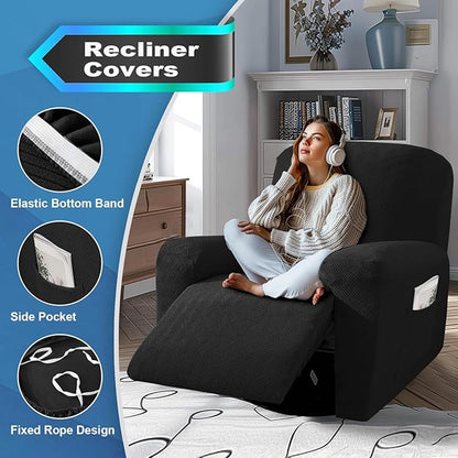 JIVINER 3 Piece Recliner Chair Cover Stretch Lazy Boy Non Slip Covers for Recliner with Pockets Soft Jacquard Reclining Sofa Slipcovers Furniture Protector with Elastic Bottom (1 Seater, Black)