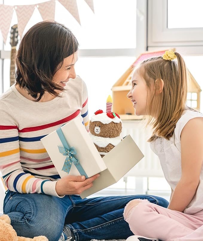 Birthday Plush Toy Bear Stuffed - Adorable Cake Stuffed Animal, Cute Teddy Bear Face with Candle, Huggable Kids' Gifts, Party Decorations, 13 Inch