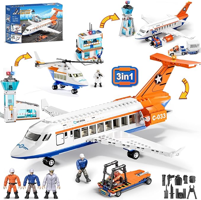City Passenger Airplane Building Set for Boys, 3 in 1 Plane Helicopter Toy Kit with 3 Airport Staff, Terminal, Baggage Truck, Radar Tower, STEM Toy Gift for Kids Girls 6 7 8 9 10+ Years Old (796 PCS)