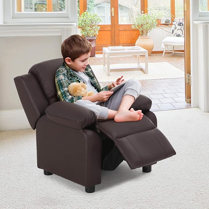 Costzon Kids Recliner, Leather Recliner Chair w/Footrest, Armrest Storage, Headrest & Lumbar Support, Ergonomic Lounge Chair for Living & Gaming Room, Adjustable Recliner Sofa for Boys Girls (Brown)