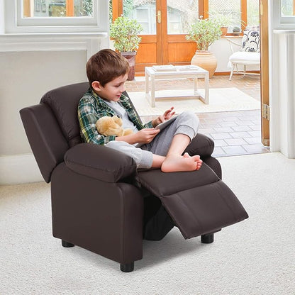Kids Recliner, Leather Lounge Chair w/Footrest, Armrest, Headrest & Lumbar Support, Ergonomic Toddler Sofa Armchair for Boys Girls (Brown)