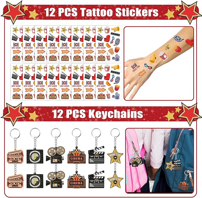 Movie Night Party Favors 72 PCS Movie Theater Slap Bracelets Temporary Tattoos DIY Stickers Keychains Plastic Straws Gift Bags for Kids Movie Night Carzy Birthday Party Gift Baby Shower Goodie Bag Fillers Movie Party Supplies