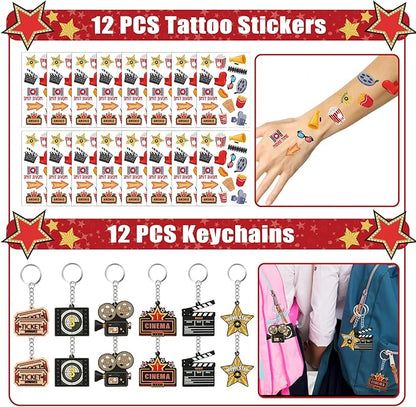 Movie Night Party Favors 72 PCS Movie Theater Slap Bracelets Temporary Tattoos DIY Stickers Keychains Plastic Straws Gift Bags for Kids Movie Night Carzy Birthday Party Gift Baby Shower Goodie Bag Fillers Movie Party Supplies