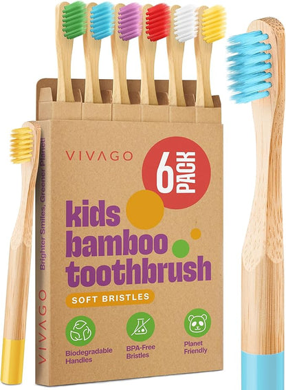 Kids Bamboo Toothbrushes Soft Bristles 6 Pack - Biodegradable Wooden Children Toothbrush Set - Eco-Friendly Natural Kids Toothbrush