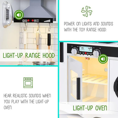 Lil’ Jumbl Kids Kitchen Set, Pretend Wooden Play Kitchen, Battery Operated Icemaker, Microwave, Range Hood, Stove Top, Oven, with Realistic Sound & Lights, Pots, Pan, & Utensils Included