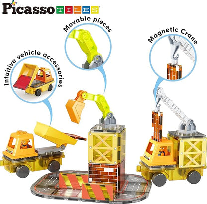 PicassoTiles Magnet Tile Construction Themed Building Blocks 5-in-1 Crane, Ladder, Dump Truck, Excavator, and Backhoe Action Figures, 2 Car Base Vehicles Magnetic Tiles Learning Toys Kids Ages3+ PTU06