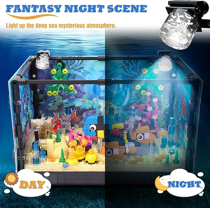 Fish Tank Building Block, Lighting Aquarium Building Sets for Adults and Kids Including Ocean Jellyfish, Dolphin, Turtle, Crab, Animal Building Toys for Boys Age 8-12, 725pcs