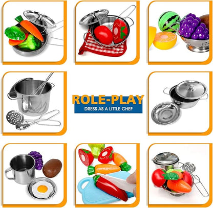 28Pcs Pretend Play Kitchen Toys, Kitchen Playset Cooking Toys Set with Stainless Steel Cookware and Accessories for Kids Toddlers Girls Boys