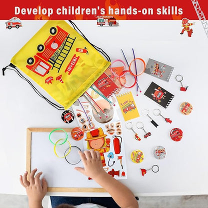 144 Pcs Firefighter Party Favors Fireman Themed Party Supplies Firemen Truck DIY Stickers Drawstring Bags Mini Notepads Silicone Wristbands Bracelets Keychain Button Pins Flexible Soft Pencil