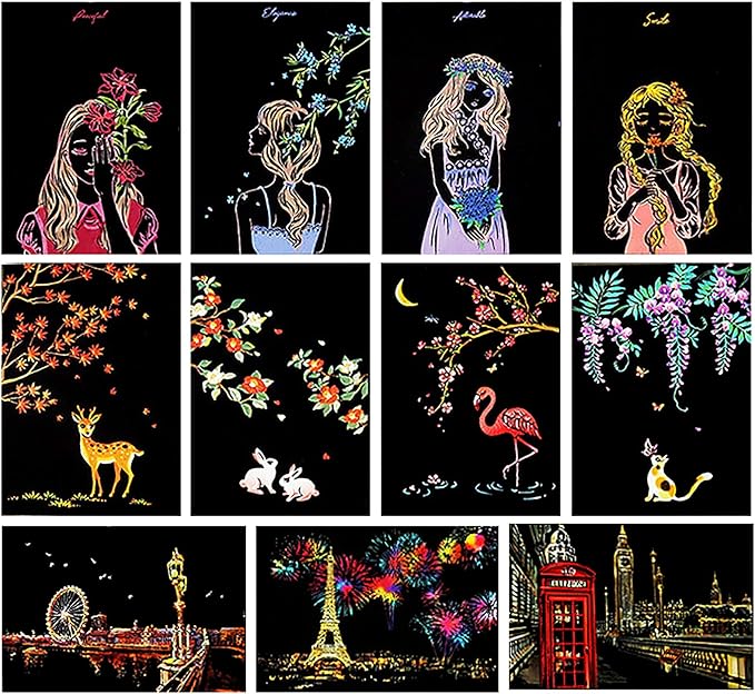 Magic Scratch Art Paper(7.9"x5.5"), Rainbow Landscape Engraving Art Mini Scratchboard Pads for Adults and Kids, Art & Crafts Set: 12 Sheets Scratch Postcard Cards & Drawing Pens, Brush (City Living)