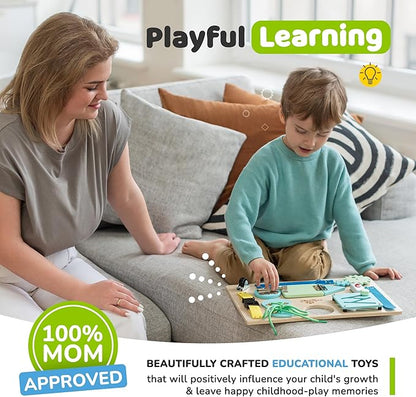 Montessori Busy Board for Toddlers, Wooden Sensory Toddler Busy Board with 10 Preschool Learning Activities for Fine Motor Skills, Activity Kids Travel Toy for Boys & Girls, Packaging May Vary