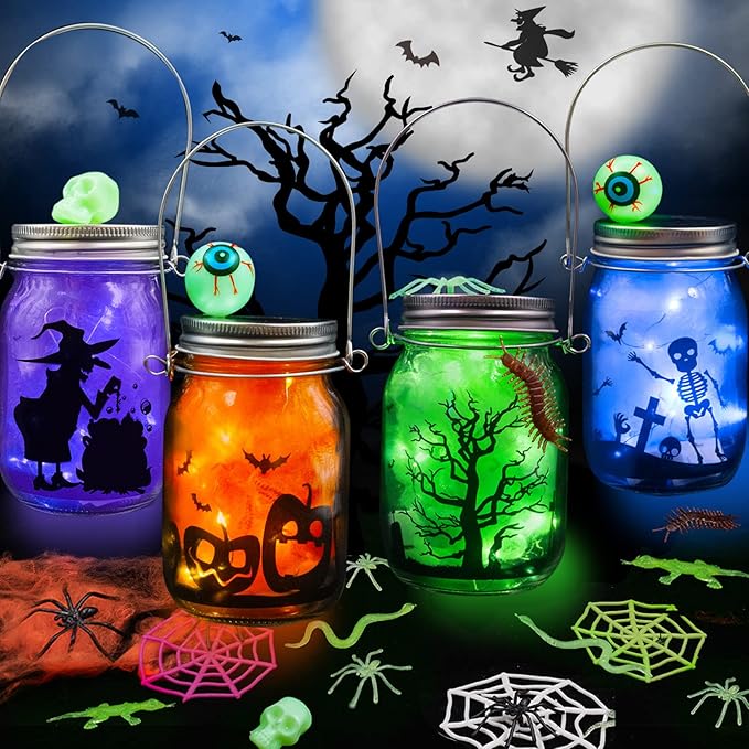 Shemira Halloween Craft Kit for Kids, 4 pcs Glass Mason Jar with Accessories for DIY Lantern Jar, Halloween Art & Craft Party Supplies, Halloween Art Activities,Halloween Craft and Art Party Supplies
