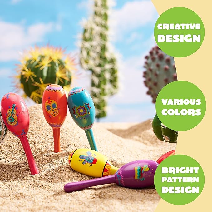 JOYIN 9 Pcs Fiesta Wooden Maracas 9 Designs Noisemaker for Cinco De Mayo Party Favors, Mexican Musical Fun, Carnivals, Taco Tuesday Event, Mexican Decorations, Luau Party