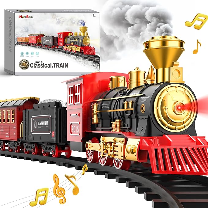 Hot Bee Train Set - Train Toys for Boys with Smokes, Lights and Sound, Toy Train Set for Under Christmas Tree, Toddler Model Trains for 3 4 5 6 7 8+ Years Old Kids Christmas Toys Gifts