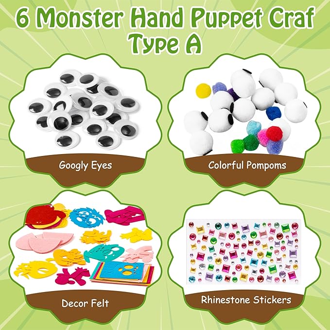 WATINC 6Pcs Hand Puppet Making Kit, Art Craft Felt Sock Puppet Toys, Creative DIY Make Your Own Pompoms Wiggle Googly Eyes Storytelling Role Play Party Supplies Gift for Girls Boys(Monster A)