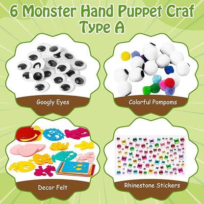 WATINC 6Pcs Hand Puppet Making Kit, Art Craft Felt Sock Puppet Toys, Creative DIY Make Your Own Pompoms Wiggle Googly Eyes Storytelling Role Play Party Supplies Gift for Girls Boys(Monster A)