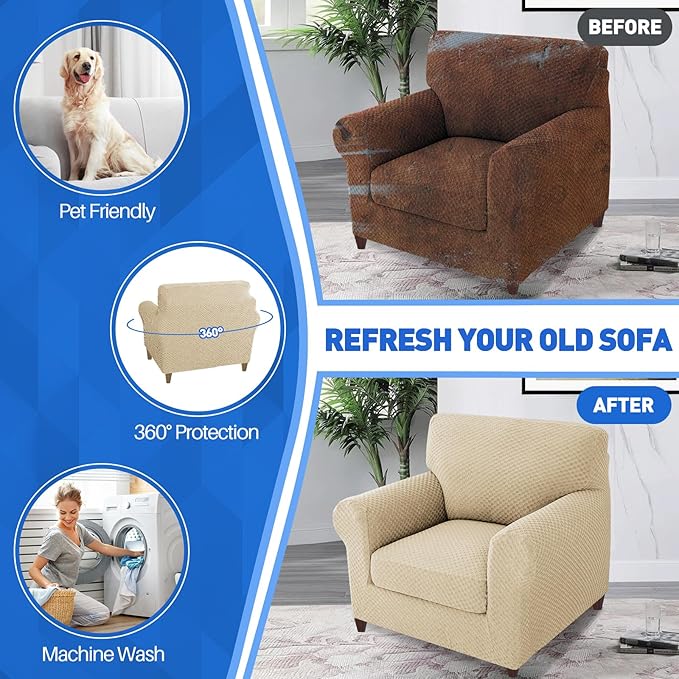 MAXIJIN 2 Piece Jacquard Chair Covers with Arms Super Stretch Non Slip Chair Slipcover for Living Room Dogs Pet Friendly Elastic Sofa Couch Protector Armchair Cover (Chair, Light Beige)