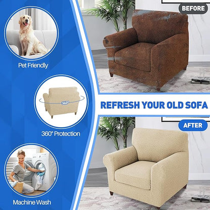 MAXIJIN 2 Piece Jacquard Chair Covers with Arms Super Stretch Non Slip Chair Slipcover for Living Room Dogs Pet Friendly Elastic Sofa Couch Protector Armchair Cover (Chair, Light Beige)