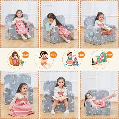 Snuggly-Soft Cuddly Toddler Plush Armchair for Boys and Girls Fuzzy Plush Kids Sofa Couch Reading Chair with Children Friendly Handle for Easy Movement & Double Pockets for Storage, Glowing Grey
