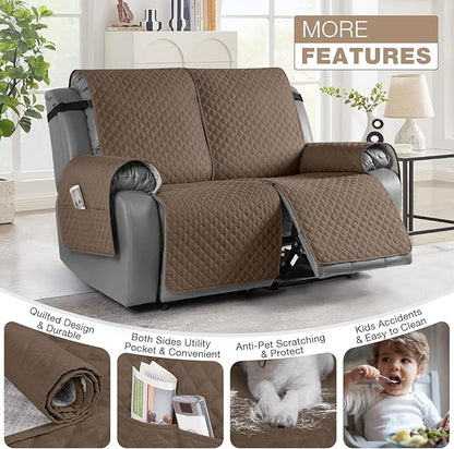TAOCOCO Waterproof Recliner Loveseat Cover Non-Slip Sofa Slipcover, Pet Couch Cover for Loveseat Recliner with Straps, Washable Reclining Loveseat Cover Furniture Protector (2 Seater, Brown)