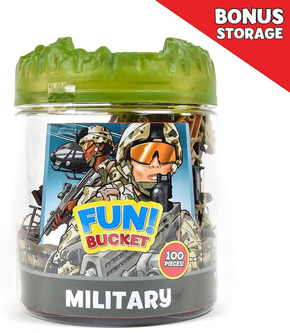 Sunny Days Entertainment Military Battle Group Bucket Over 100 Assorted Soldiers and 20 Accessories Toy Play Set for Kids, Boys and Girls | Plastic Army Men Figures with Storage Container