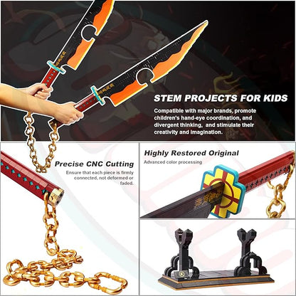 Jorumo Demon Slayer Sword Building Set, 82in Double Blade Tengen Uzui Sword Building Block with Stand, Handmade Cosplay Anime Sword Toy Building Set for Collecting and Gifting 1478Pcs