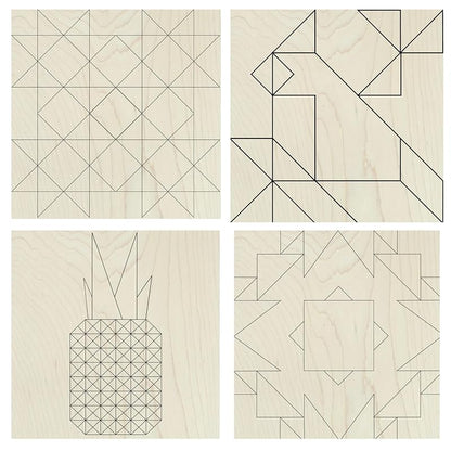 Set of Four 9 Inch Barn Quilt Kit DIY Pattern Unfinished Wood Quilting Block Sign Paintable Crafts for Women, Children, Men, Party (HST Fun, Cardinal, Pineapple, Boho)