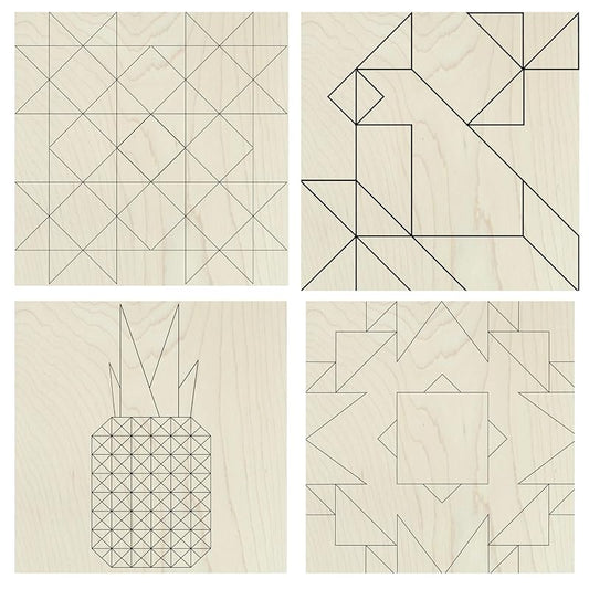 Set of Four 9 Inch Barn Quilt Kit DIY Pattern Unfinished Wood Quilting Block Sign Paintable Crafts for Women, Children, Men, Party (HST Fun, Cardinal, Pineapple, Boho)