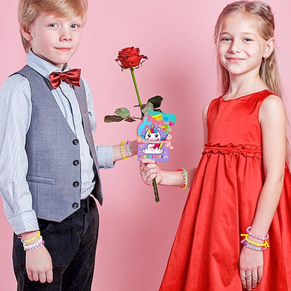 Valentines Day Cards for Kids School with Bracelets 24 Pack, Valentines Day Gifts for Kids Classroom with Friendship Bead Bracelets, Exchange Gift Valentine Party Favors for Kids Girls Boys