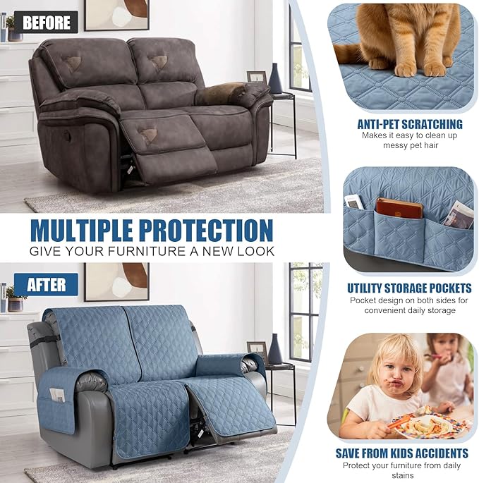 TAOCOCO 100% Waterproof Recliner Covers, Recliner Sofa Covers with Leg Straps, Reversible Recliner Couch Cover for Reclining Chair, Washable Couch Protector for Pets Kids(2 Seater, Sky Blue)