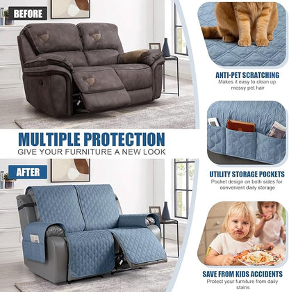 TAOCOCO 100% Waterproof Recliner Covers, Recliner Sofa Covers with Leg Straps, Reversible Recliner Couch Cover for Reclining Chair, Washable Couch Protector for Pets Kids(2 Seater, Sky Blue)